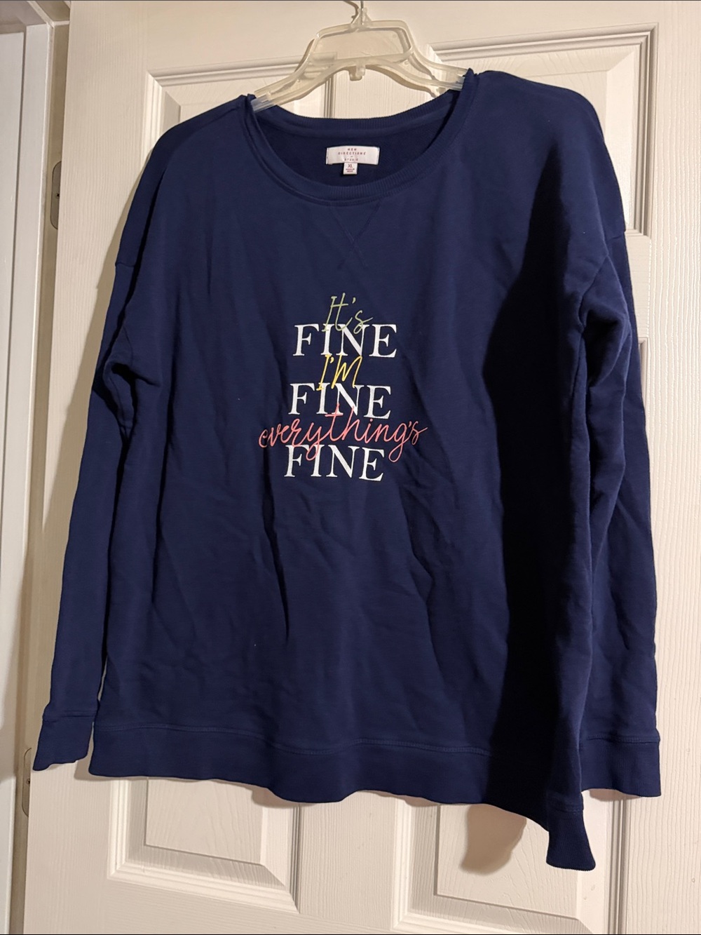 new directions Navy Crewneck Sweatshirt with Script Graphic